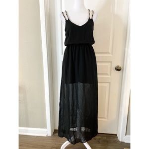 Dizzire black sheer maxi dress with gold tone chain strap detail